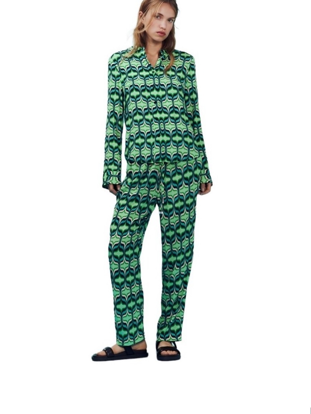 Zara Shirt Womens S Button Up Retro 70s Groovy Geometric Long Sleeve Green